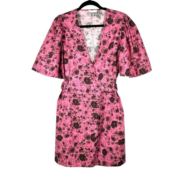 GANNI Rose Print Organic Cotton Pink & Black Rose Print Wrap Dress Size 6 - Picture 2 of 10